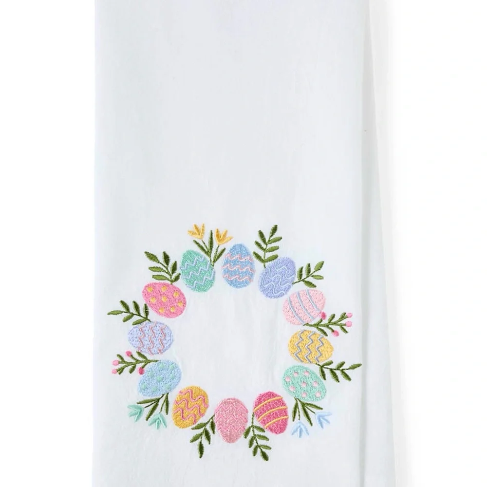 Easter White Embroidered Egg Wreath Kitchen Towel
